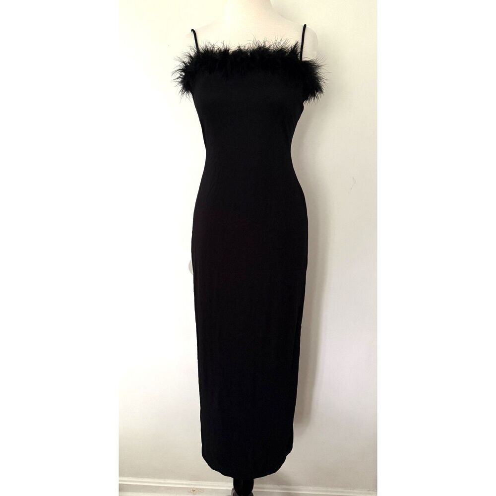 Per Seption VTG Y2K Black Feather Trim Bodycon Side Slit Maxi Gown Dress Sz L